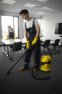 Full shot of professional cleaning team performing office cleaning services in San Antonio, TX by Alamo Steam Team