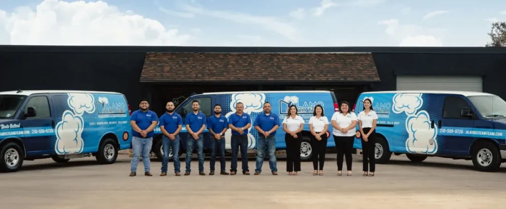 Alamo Steam Team professional cleaning and restoration team with branded service vans