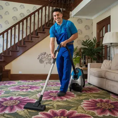 carpet cleaning_ red green carpet Technician from Alamo Steam Team performing deep carpet cleaning on vibrant red and green patterned carpet in a home