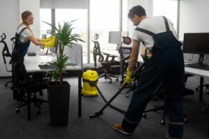 Full shot of professional cleaning team