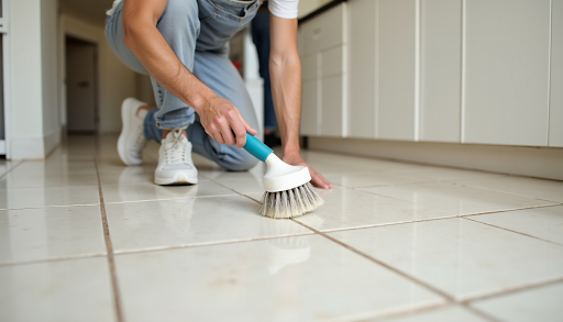A person brushing tiled floor