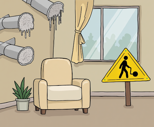 Living Room Dirty Airducts and A Sign